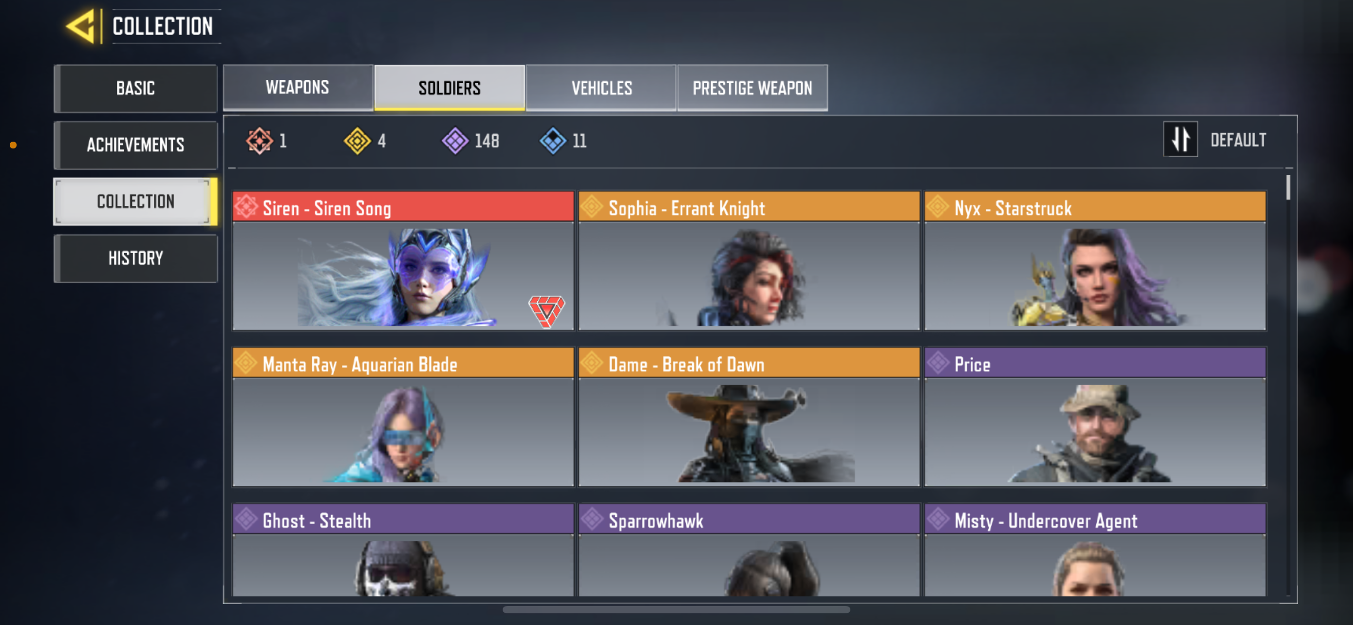 9 MYTHICS GUNS , 72 LEGENDARY GUNS, 1 MYTHIC CHARACTER, 4 LEGENDARY CHARACTER