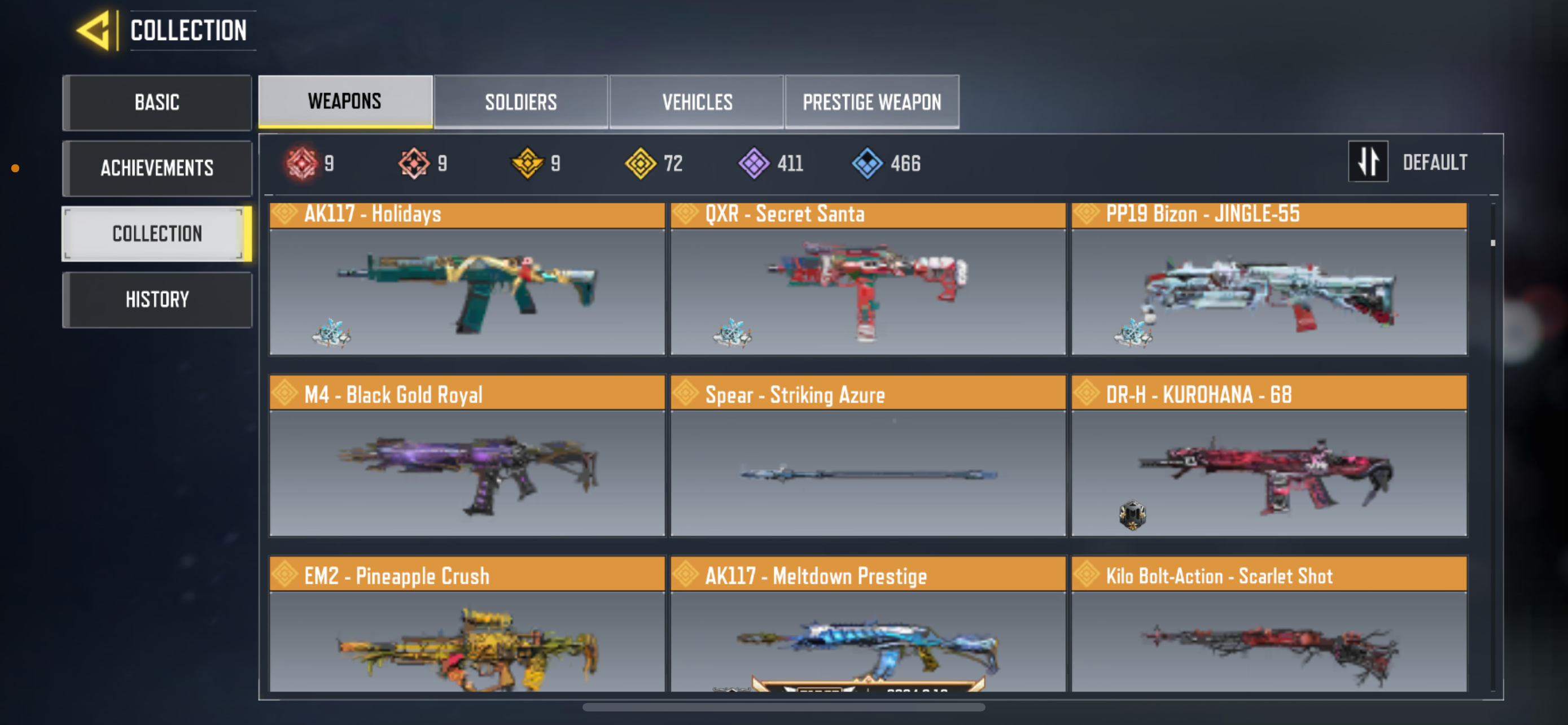 9 MYTHICS GUNS , 72 LEGENDARY GUNS, 1 MYTHIC CHARACTER, 4 LEGENDARY CHARACTER