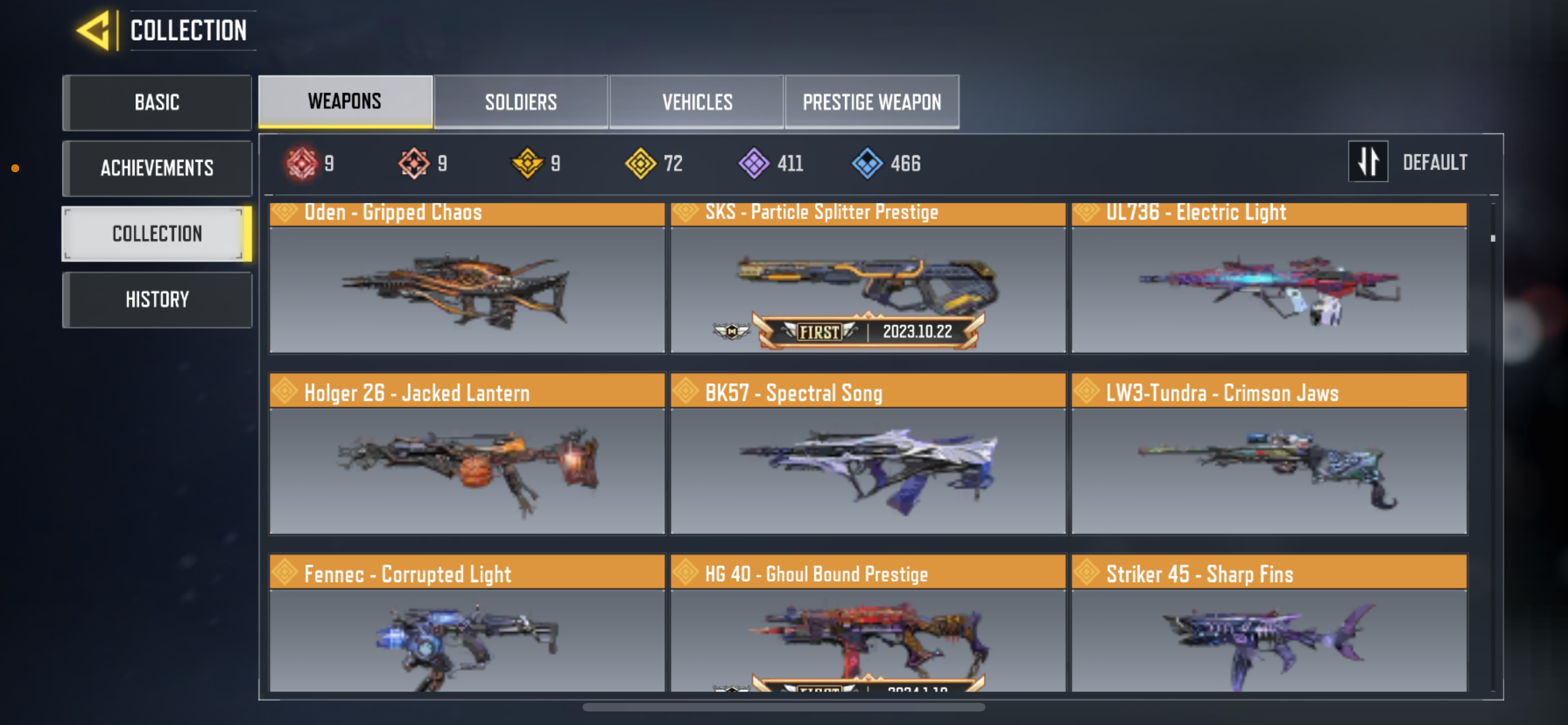 9 MYTHICS GUNS , 72 LEGENDARY GUNS, 1 MYTHIC CHARACTER, 4 LEGENDARY CHARACTER