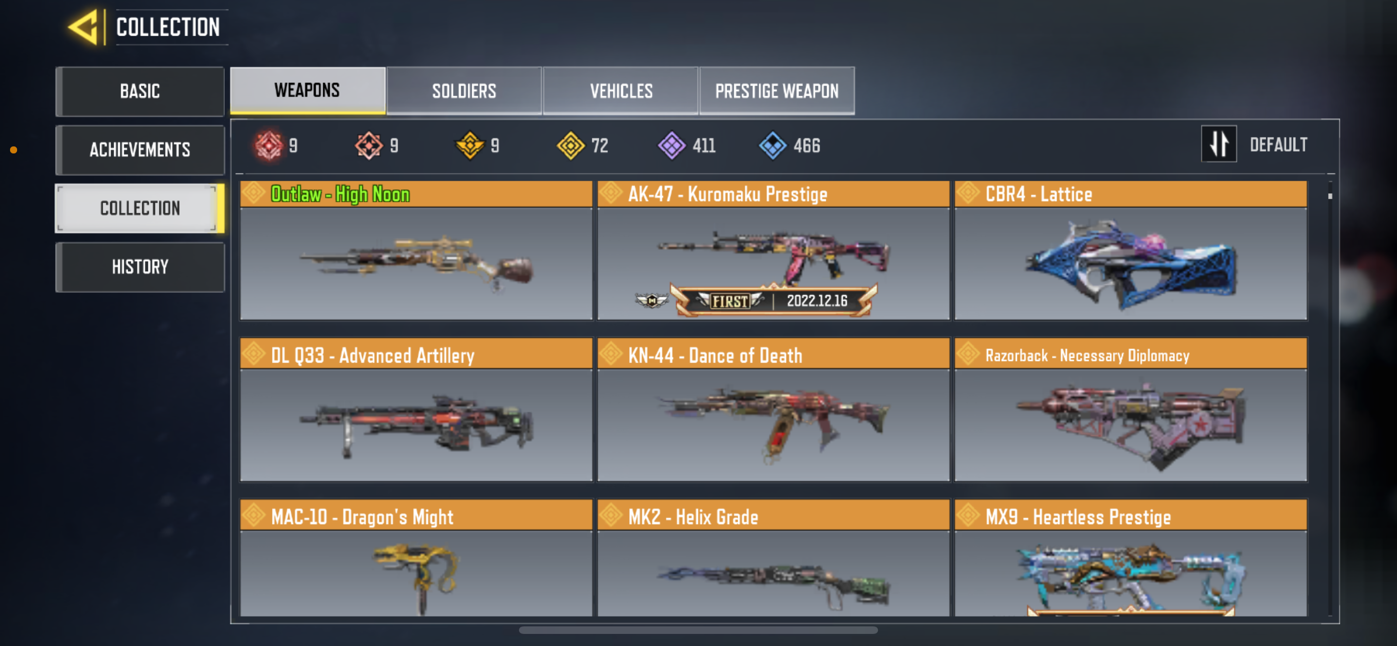 9 MYTHICS GUNS , 72 LEGENDARY GUNS, 1 MYTHIC CHARACTER, 4 LEGENDARY CHARACTER