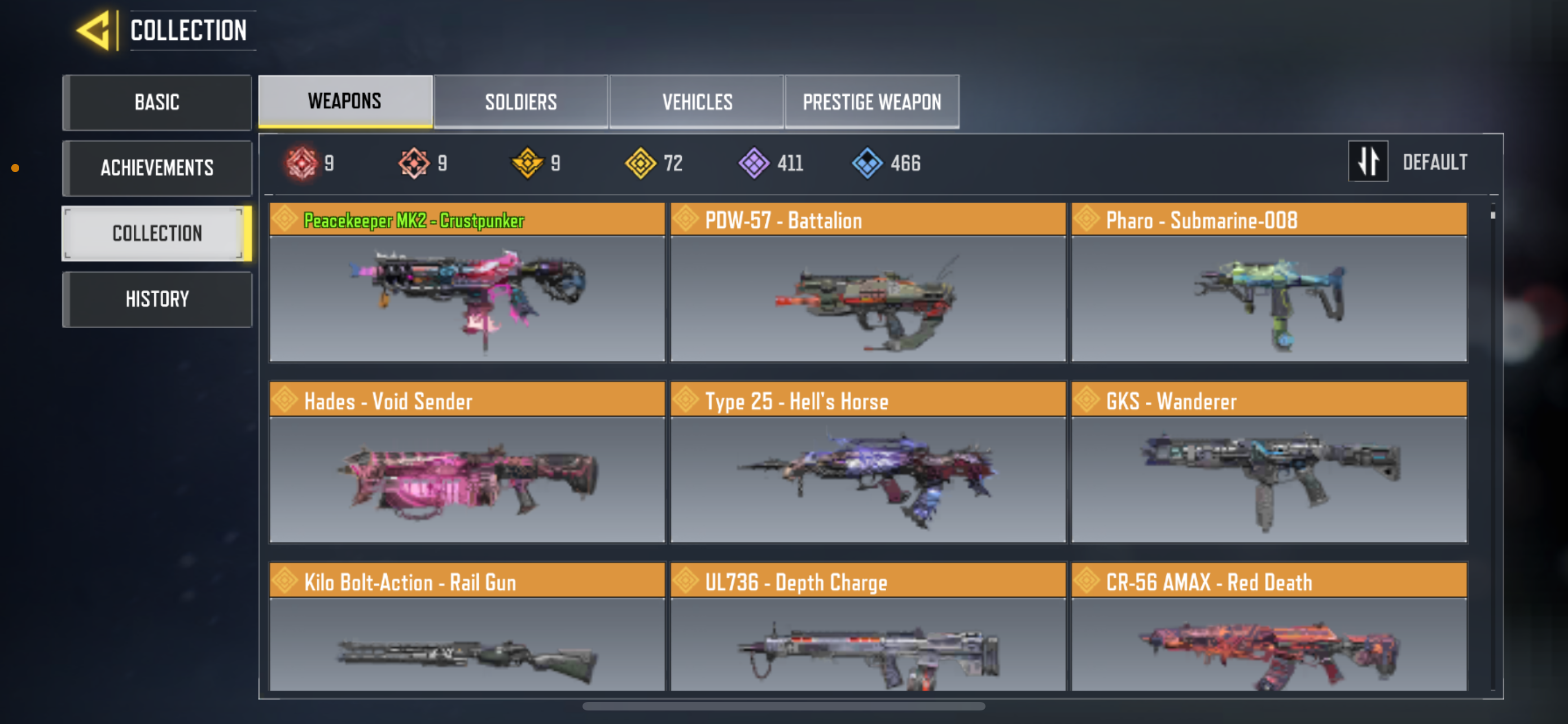 9 MYTHICS GUNS , 72 LEGENDARY GUNS, 1 MYTHIC CHARACTER, 4 LEGENDARY CHARACTER