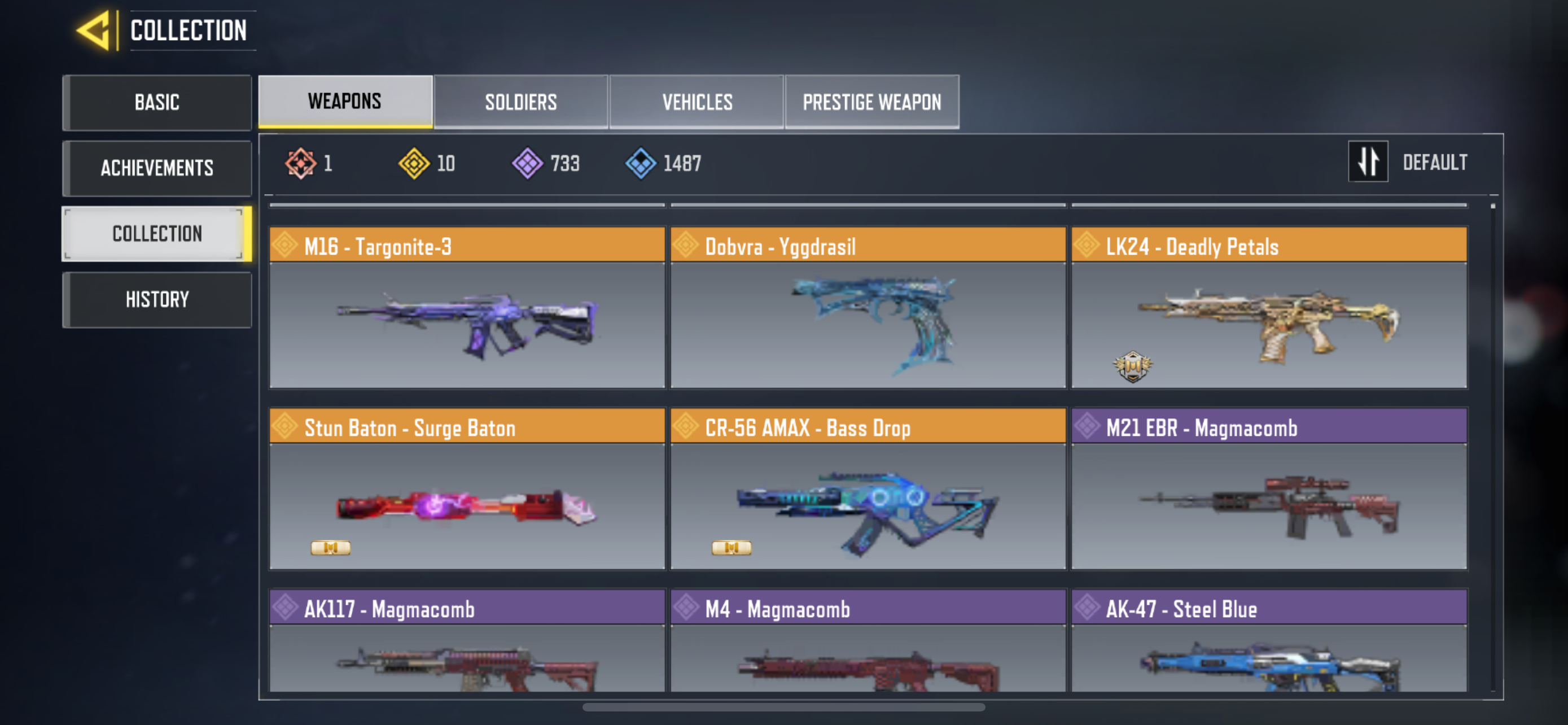 1 MYTHIC WEAPONS, 10 LEGENDARY WEAPONS, 347 EPIC SOLDIERS