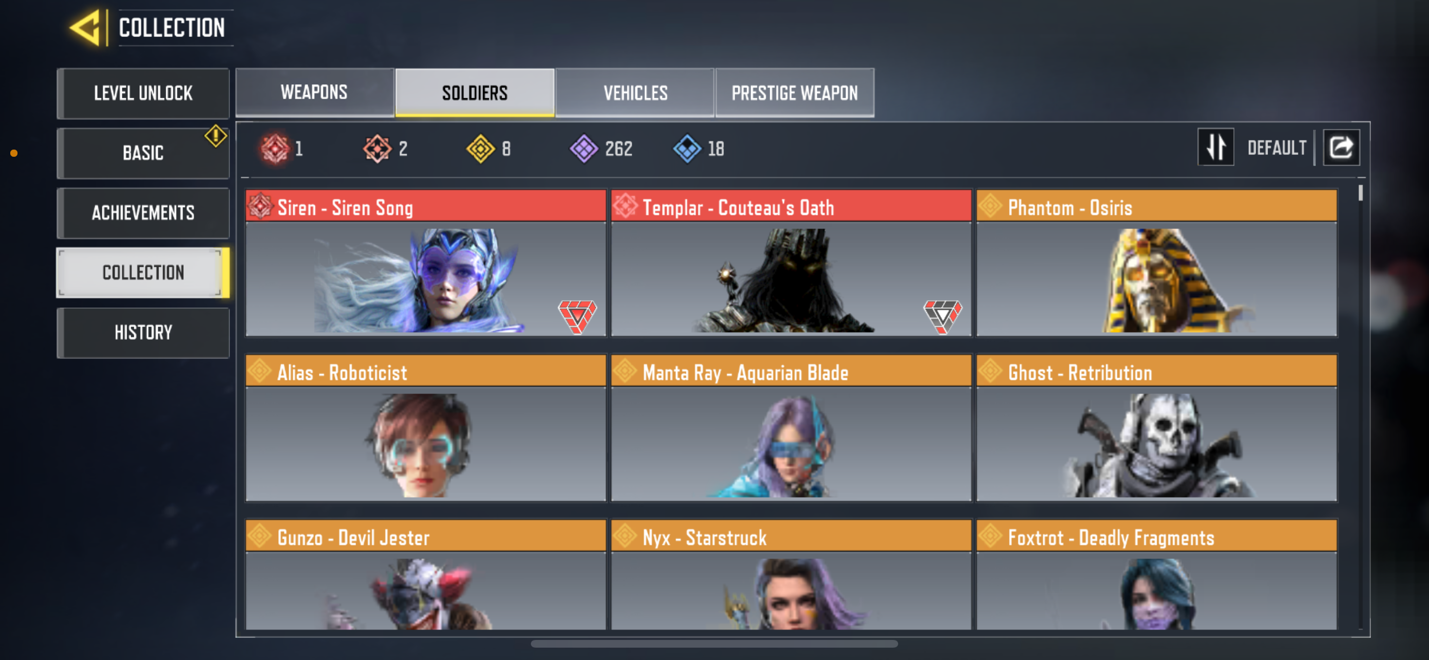 14 MYTHIC GUNS, 57 LEGENDARY GUNS, 2 MYTHIC SOLDIERS, 8 LEGENDARY SOLDIERS, 262 EPIC SOLDIERS