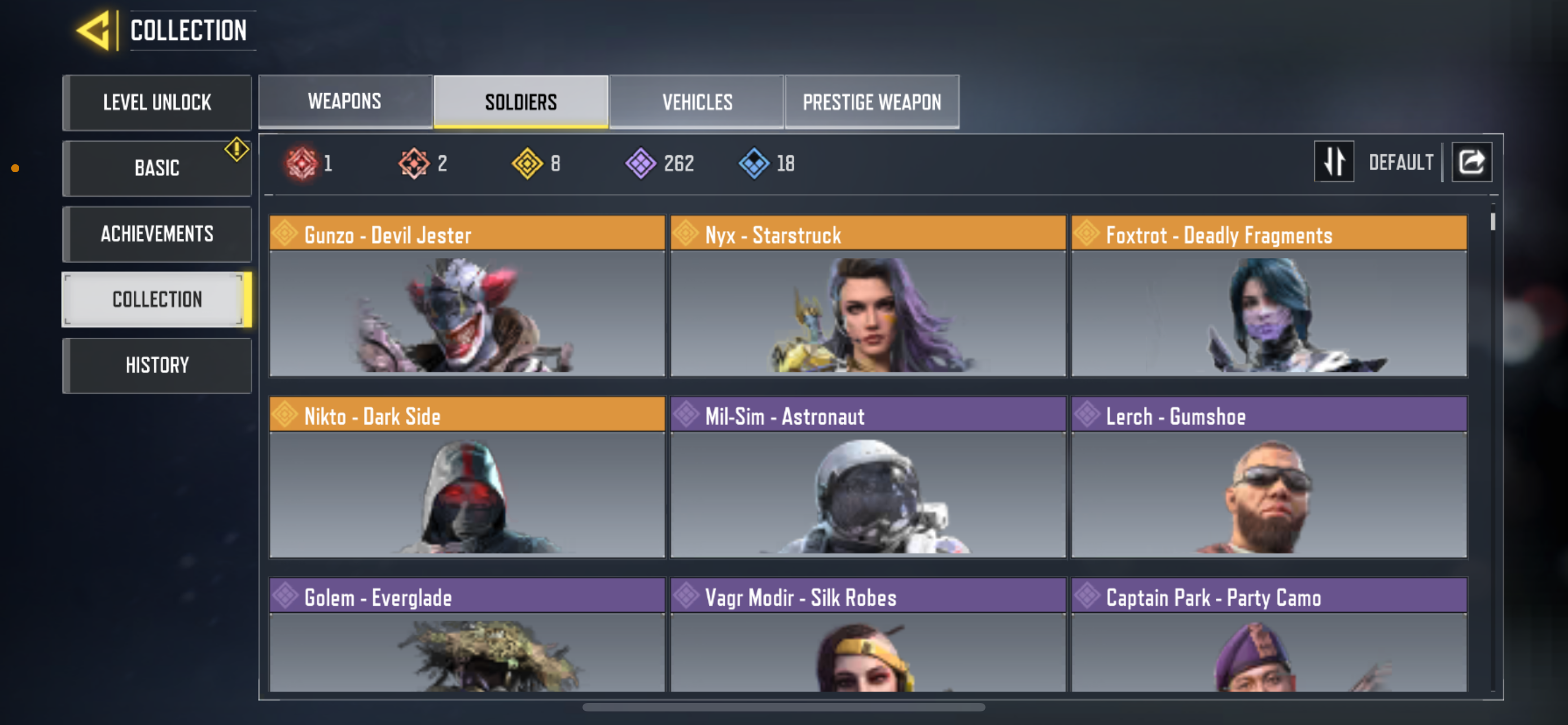 14 MYTHIC GUNS, 57 LEGENDARY GUNS, 2 MYTHIC SOLDIERS, 8 LEGENDARY SOLDIERS, 262 EPIC SOLDIERS