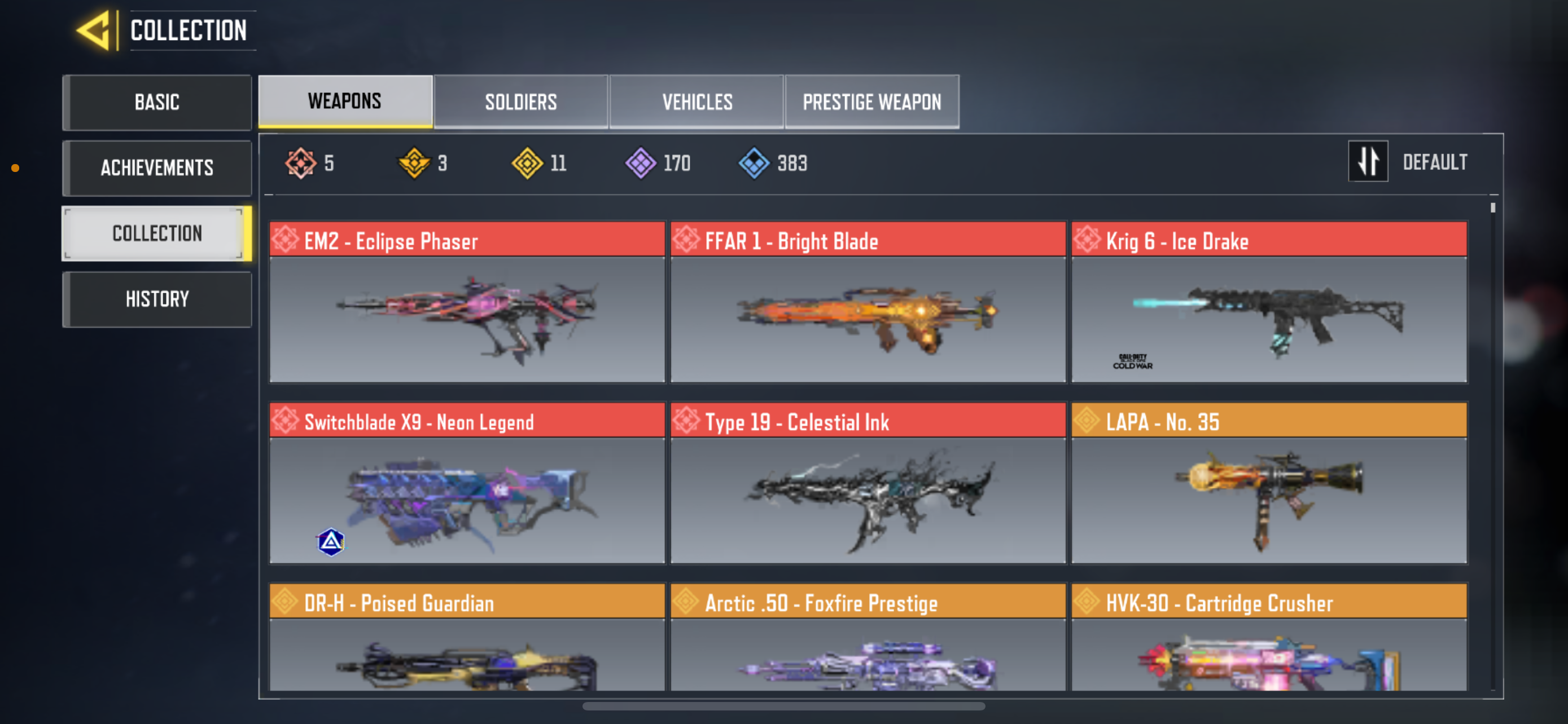 5 MYTHIC WEAPONS, 11 LEGENDARY WEAPONS, 1 LEGENDARY SOLDIER, 69 EPIC SOLDIER